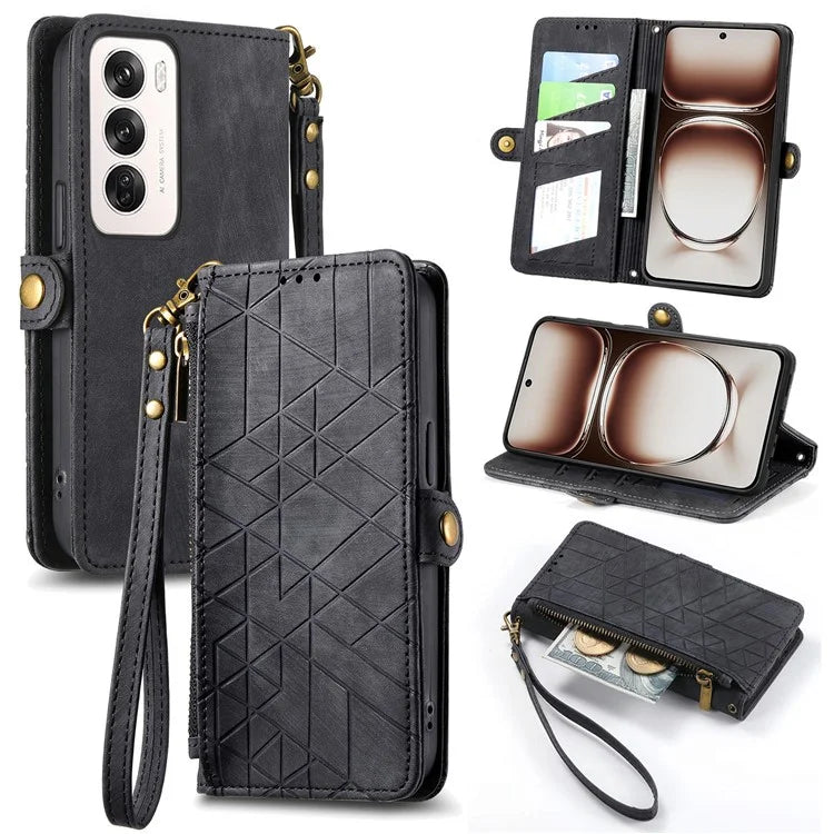 For Oppo Reno12 5G (Global) Case Zipper Wallet Geometry Lines Leather Phone Cover