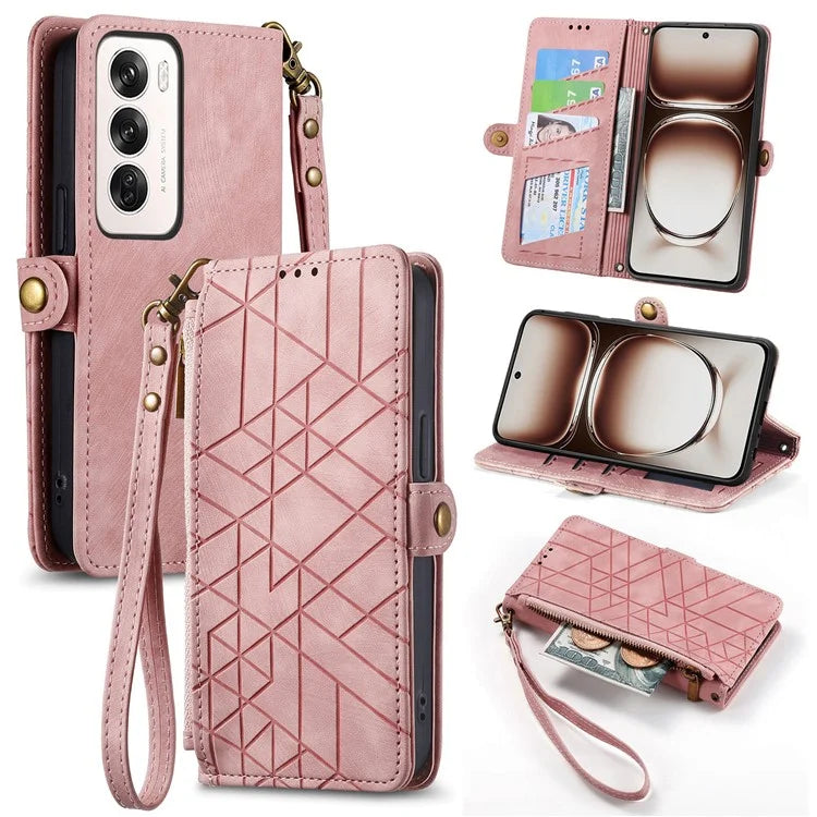 For Oppo Reno12 5G (Global) Case Zipper Wallet Geometry Lines Leather Phone Cover