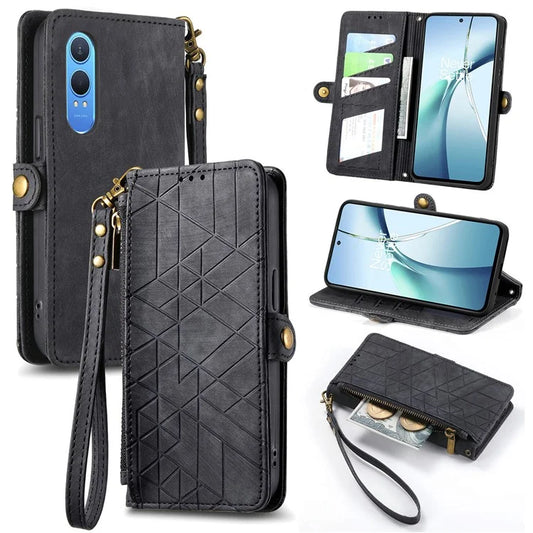 For OnePlus Nord CE4 Lite 5G / Oppo K12x 5G (China) Case Zipper Wallet Geometry Lines Leather Phone Cover
