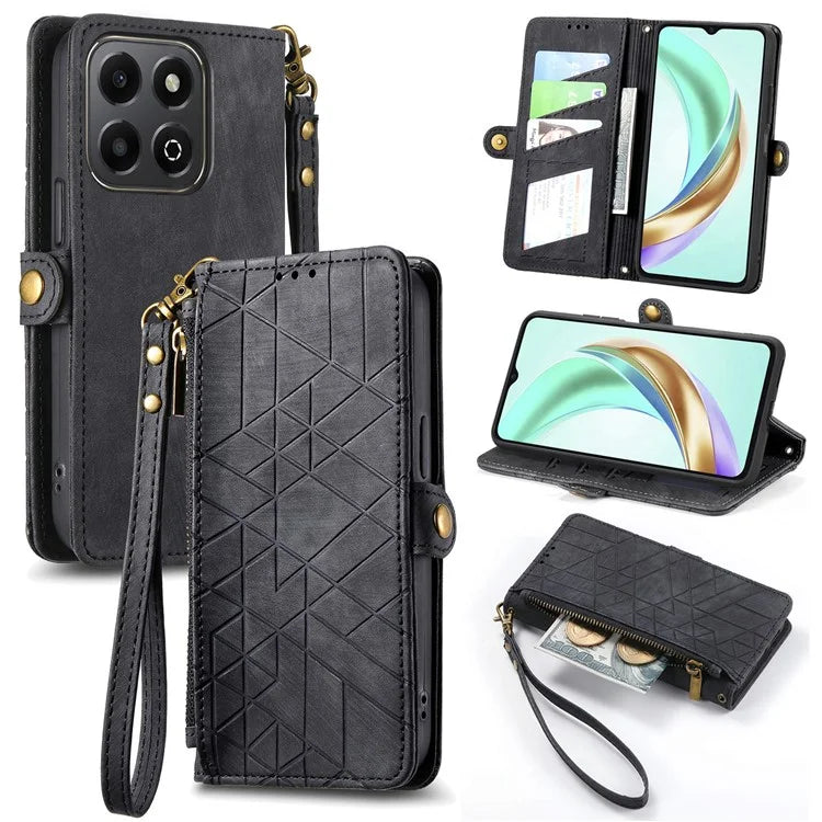 For Honor X6b 4G Case Zipper Wallet Geometry Lines Leather Phone Cover