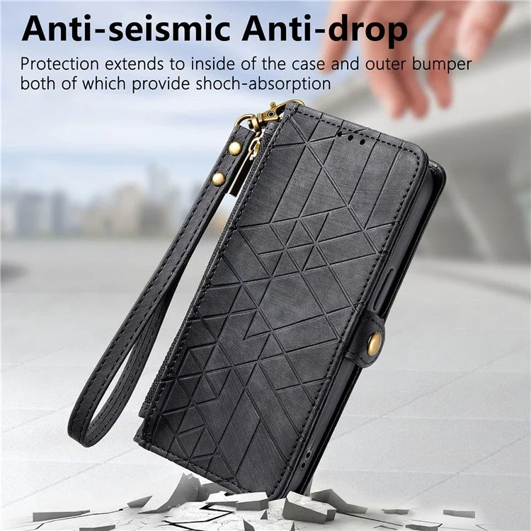 For Honor X6b 4G Case Zipper Wallet Geometry Lines Leather Phone Cover