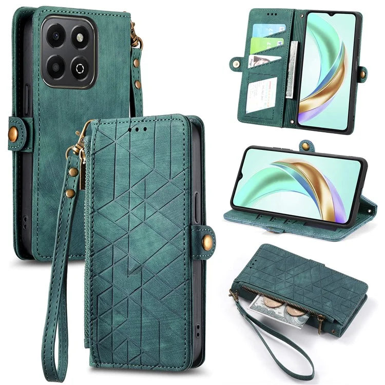 For Honor X6b 4G Case Zipper Wallet Geometry Lines Leather Phone Cover