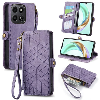 For Honor X6b 4G Case Zipper Wallet Geometry Lines Leather Phone Cover
