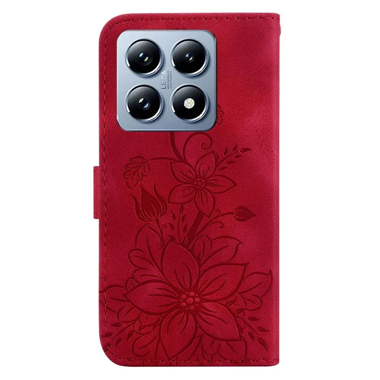 For Xiaomi 14T Pro Case Lily Flower Imprint Leather Phone Cover with Stand
