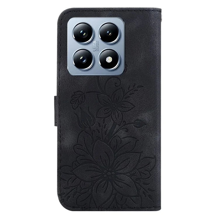 For Xiaomi 14T Pro Case Lily Flower Imprint Leather Phone Cover with Stand