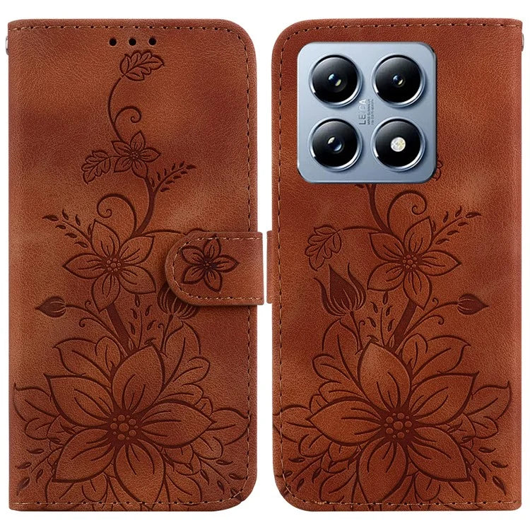 For Xiaomi 14T Case Lily Flower Imprint Leather Phone Cover with Stand