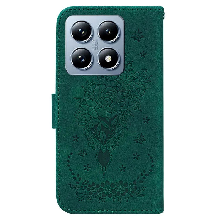 For Xiaomi 14T Case PU Leather Wallet Phone Cover Butterfly Flower Imprint