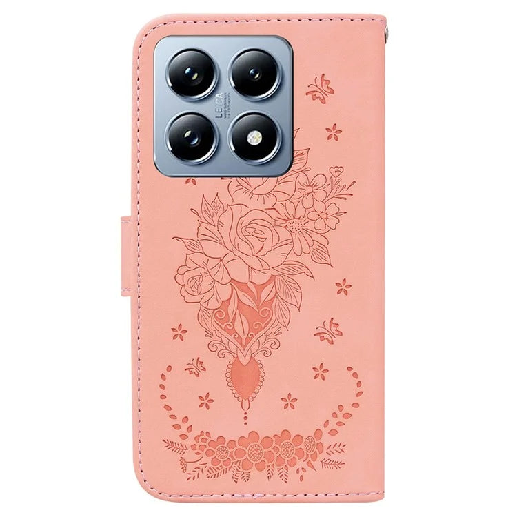 For Xiaomi 14T Case PU Leather Wallet Phone Cover Butterfly Flower Imprint