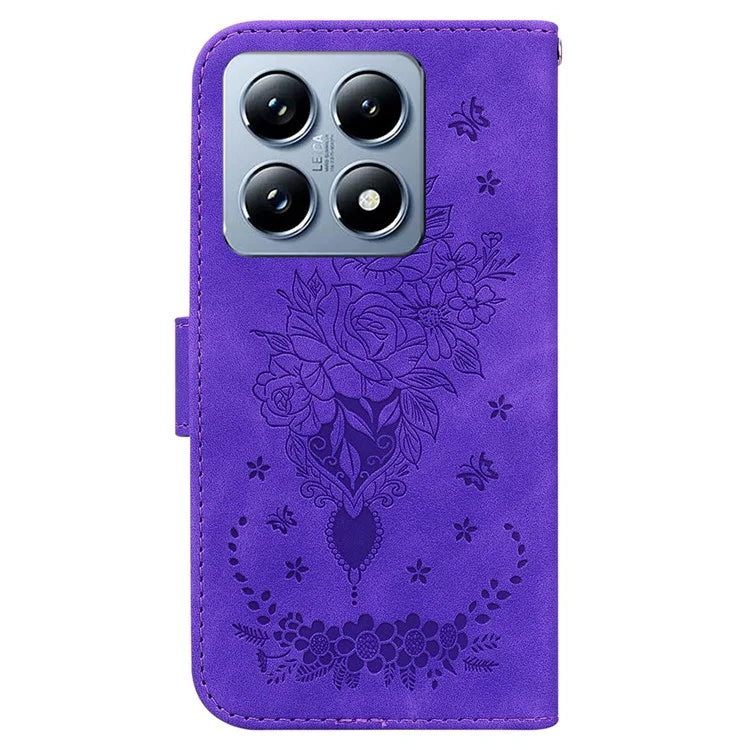 For Xiaomi 14T Case PU Leather Wallet Phone Cover Butterfly Flower Imprint