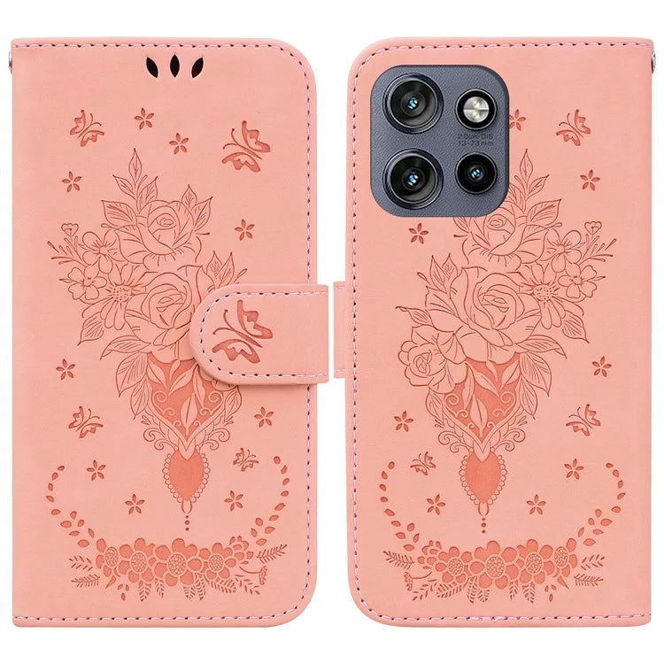 For Motorola Edge 50 Neo 5G / Moto S50 5G Case PU Leather Wallet Phone Cover Butterfly Flower Imprint