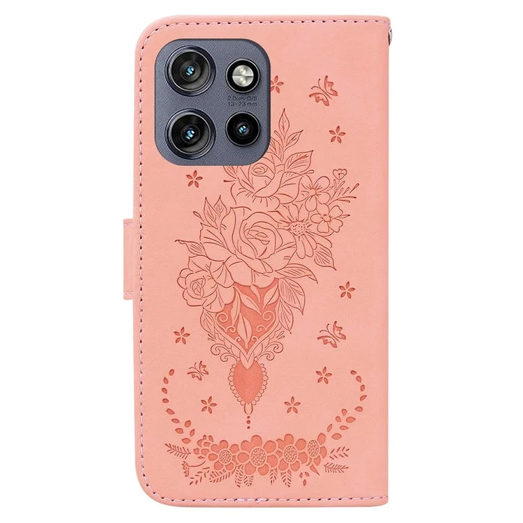 For Motorola Edge 50 Neo 5G / Moto S50 5G Case PU Leather Wallet Phone Cover Butterfly Flower Imprint