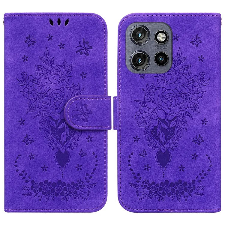 For Motorola Edge 50 Neo 5G / Moto S50 5G Case PU Leather Wallet Phone Cover Butterfly Flower Imprint