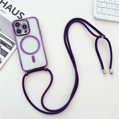 For iPhone 16 Pro Case Compatible with MagSafe Electroplating TPU Cellphone Protector with Long Lanyard