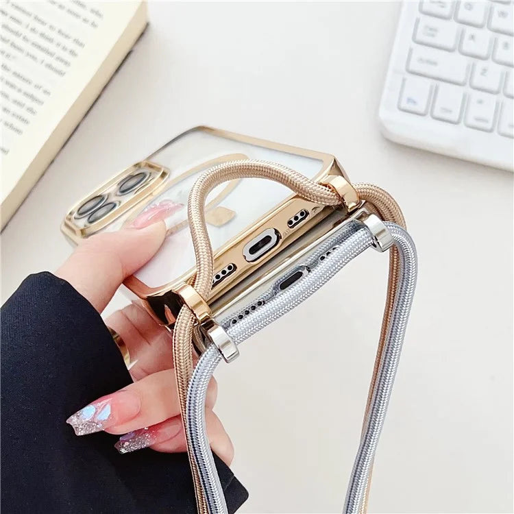 For iPhone 16 Pro Case Compatible with MagSafe Electroplating TPU Cellphone Protector with Long Lanyard