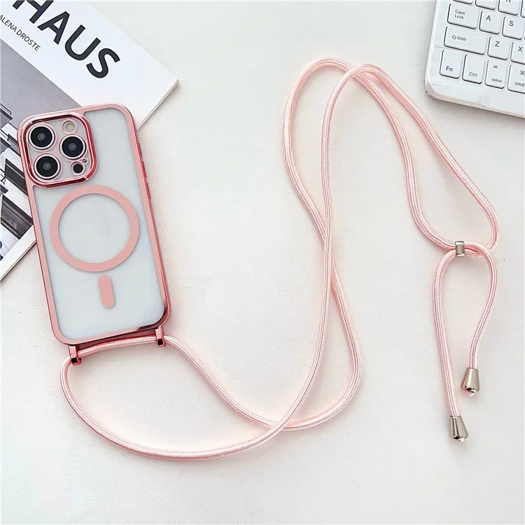 For iPhone 16 Pro Case Compatible with MagSafe Electroplating TPU Cellphone Protector with Long Lanyard