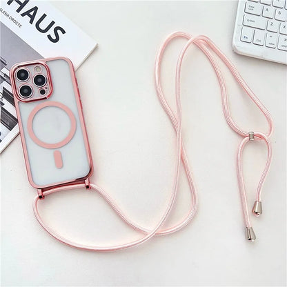 For iPhone 16 Pro Case Compatible with MagSafe Electroplating TPU Cellphone Protector with Long Lanyard