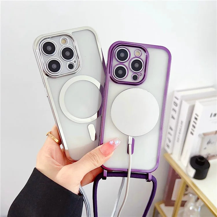 For iPhone 16 Pro Case Compatible with MagSafe Electroplating TPU Cellphone Protector with Long Lanyard