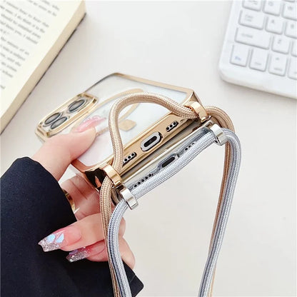 For iPhone 16 Pro Case Compatible with MagSafe Electroplating TPU Cellphone Protector with Long Lanyard