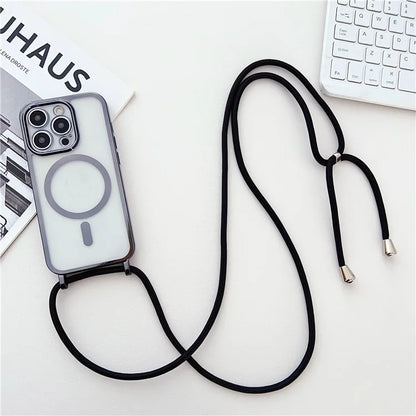 For iPhone 16 Pro Case Compatible with MagSafe Electroplating TPU Cellphone Protector with Long Lanyard