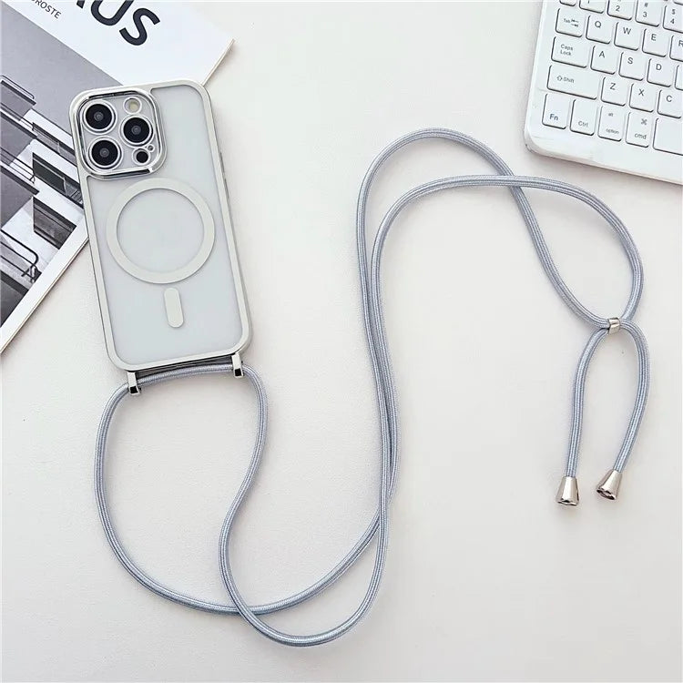 For iPhone 16 Pro Case Compatible with MagSafe Electroplating TPU Cellphone Protector with Long Lanyard
