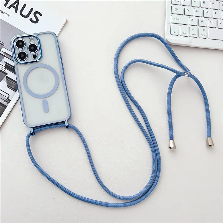 For iPhone 16 Pro Case Compatible with MagSafe Electroplating TPU Cellphone Protector with Long Lanyard