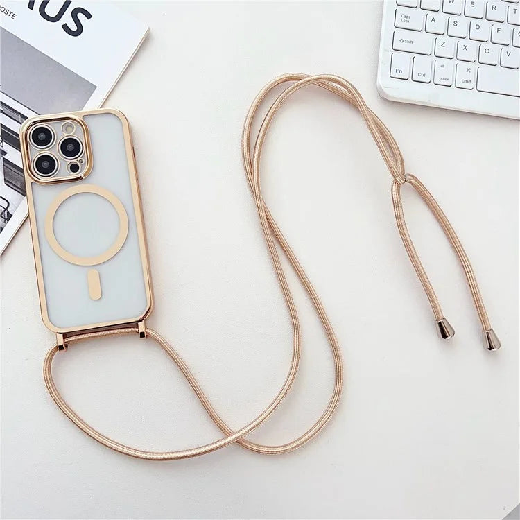 For iPhone 16 Pro Case Compatible with MagSafe Electroplating TPU Cellphone Protector with Long Lanyard