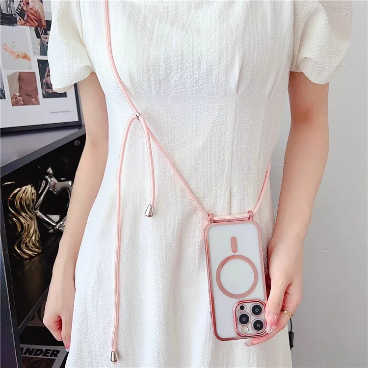 For iPhone 16 Pro Case Compatible with MagSafe Electroplating TPU Cellphone Protector with Long Lanyard