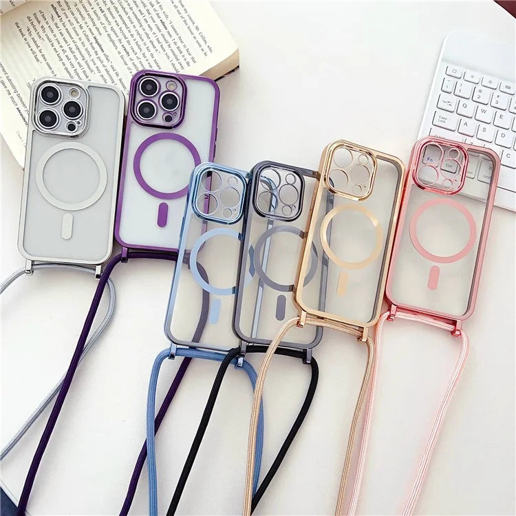 For iPhone 16 Pro Case Compatible with MagSafe Electroplating TPU Cellphone Protector with Long Lanyard