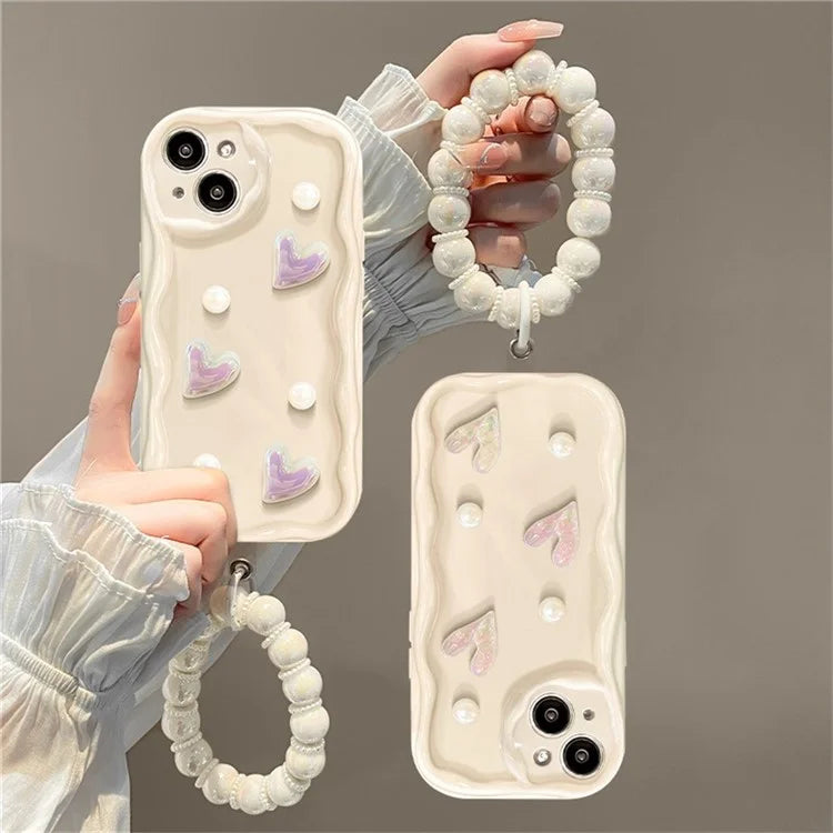 For iPhone 14 Case 3D Heart Design TPU Phone Cover with Laser Beaded Strap