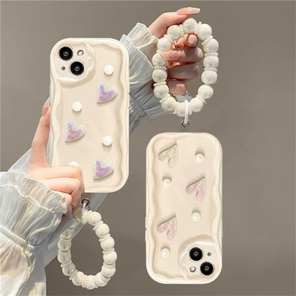 For iPhone 14 Case 3D Heart Design TPU Phone Cover with Laser Beaded Strap
