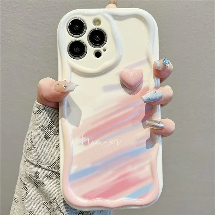 For iPhone 16 Pro Max Case Rainbow Graffiti 3D Heart Decor Silicone Phone Cover