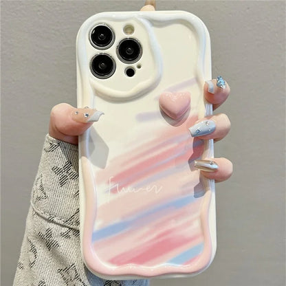 For iPhone 16 Pro Max Case Rainbow Graffiti 3D Heart Decor Silicone Phone Cover