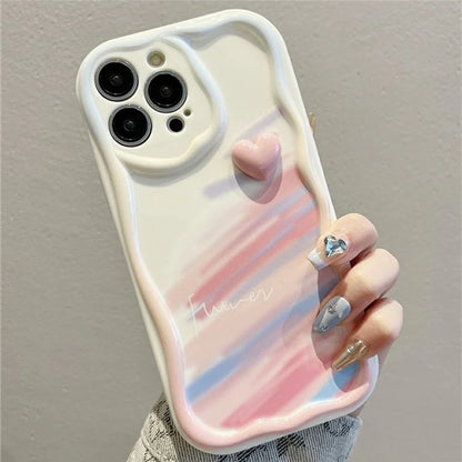 For iPhone 16 Pro Max Case Rainbow Graffiti 3D Heart Decor Silicone Phone Cover