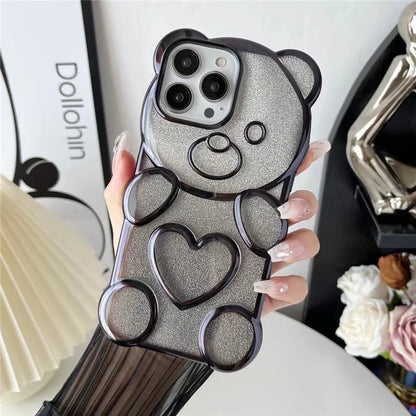 For iPhone 16 Pro Case Cartoon Bear Bling Glitter Electroplated TPU Phone Cover