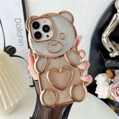 For iPhone 16 Pro Case Cartoon Bear Bling Glitter Electroplated TPU Phone Cover
