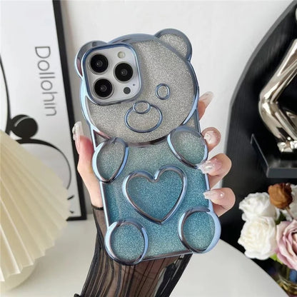 For iPhone 16 Pro Case Cartoon Bear Bling Glitter Electroplated TPU Phone Cover