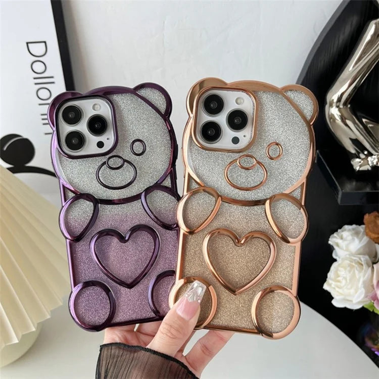 For iPhone 16 Pro Case Cartoon Bear Bling Glitter Electroplated TPU Phone Cover