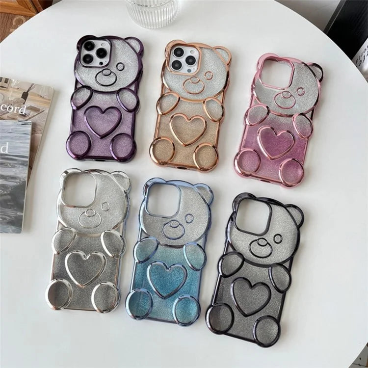 For iPhone 16 Pro Case Cartoon Bear Bling Glitter Electroplated TPU Phone Cover
