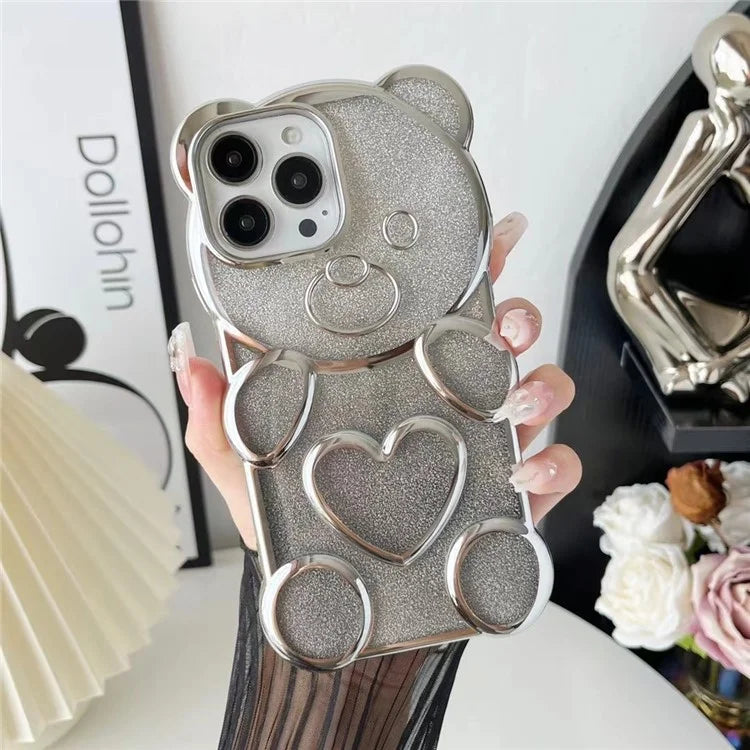 For iPhone 16 Pro Case Cartoon Bear Bling Glitter Electroplated TPU Phone Cover