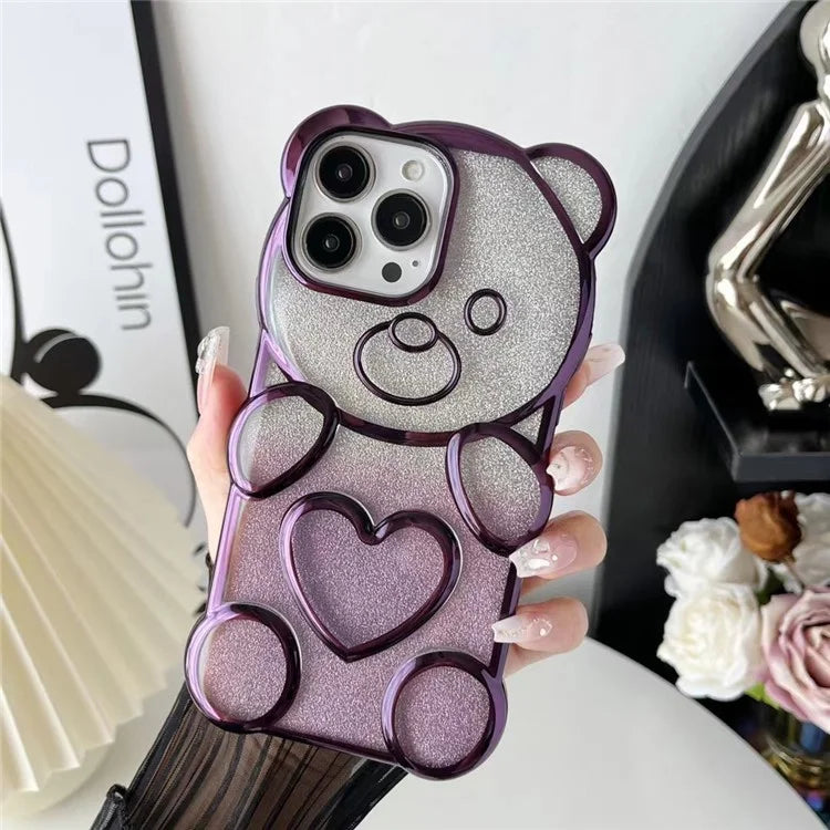 For iPhone 16 Pro Case Cartoon Bear Bling Glitter Electroplated TPU Phone Cover