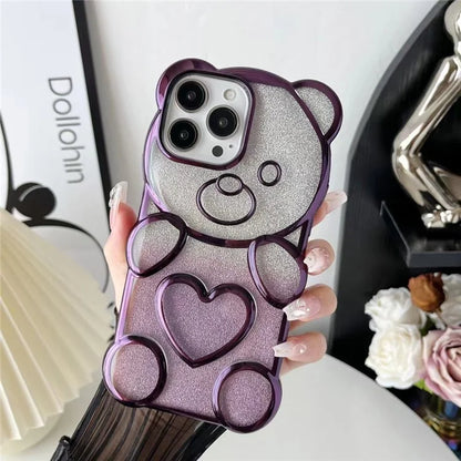 For iPhone 16 Pro Case Cartoon Bear Bling Glitter Electroplated TPU Phone Cover