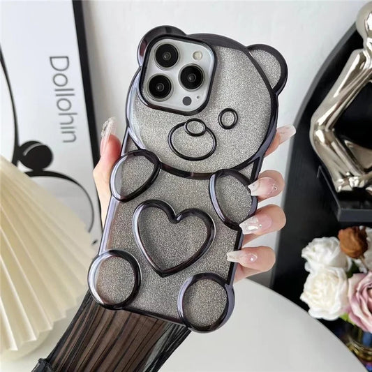 For iPhone 16 Pro Max Case Cartoon Bear Bling Glitter Electroplated TPU Phone Cover
