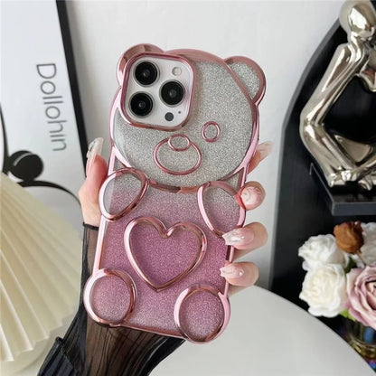 For iPhone 16 Pro Max Case Cartoon Bear Bling Glitter Electroplated TPU Phone Cover