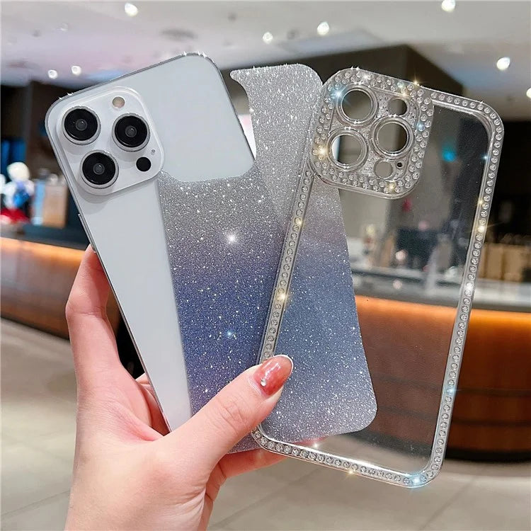 For iPhone 16 Pro Max Case Glitter Phone Case Rhinestone Decor Electroplating Protective Cover