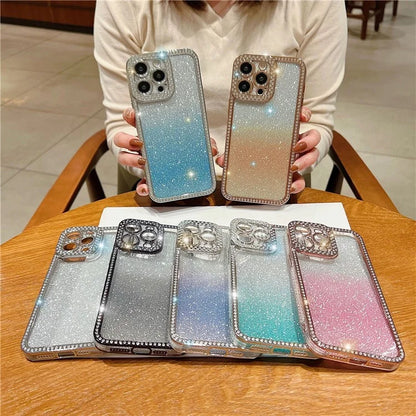 For iPhone 16 Pro Case Glitter Phone Case Rhinestone Decor Electroplating Protective Cover