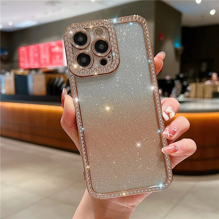 For iPhone 16 Pro Case Glitter Phone Case Rhinestone Decor Electroplating Protective Cover