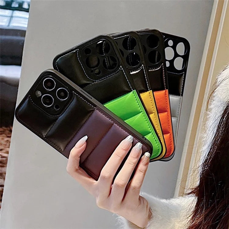 For iPhone 16 Pro Case Anti-Scratch Down Jacket PU Leather+TPU Phone Cover