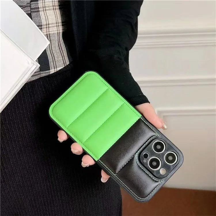 For iPhone 16 Pro Case Anti-Scratch Down Jacket PU Leather+TPU Phone Cover
