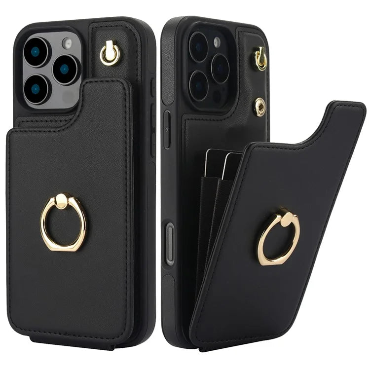 For iPhone 16 Pro Case Card Holder Kickstand PU+TPU Phone Cover with Shoulder Strap
