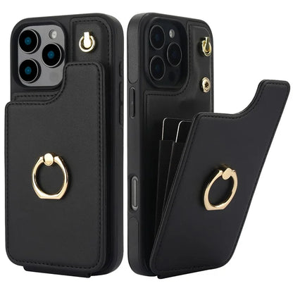 For iPhone 16 Pro Case Card Holder Kickstand PU+TPU Phone Cover with Shoulder Strap
